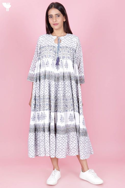Mulmul Cotton Maxi Gathered Dress With Floral Block Print